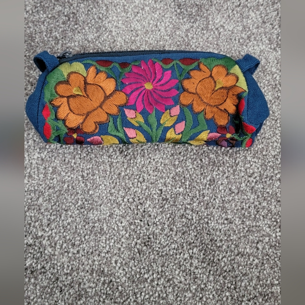 Cosmetic Bag Blue Orange & Pink Embroidered Floral